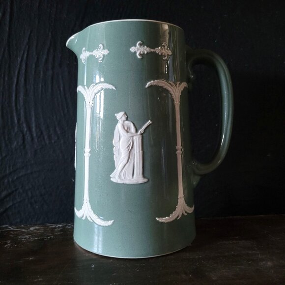 Antique Wardle England Green Grecian Cameo Pottery Pitcher, Green Milk Jug - Picture 1 of 7